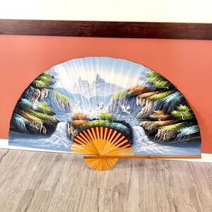 Vintage Hand Painted Asian Wall Fan Crane Soaring Wood Extra Large 60x35” Hawaii